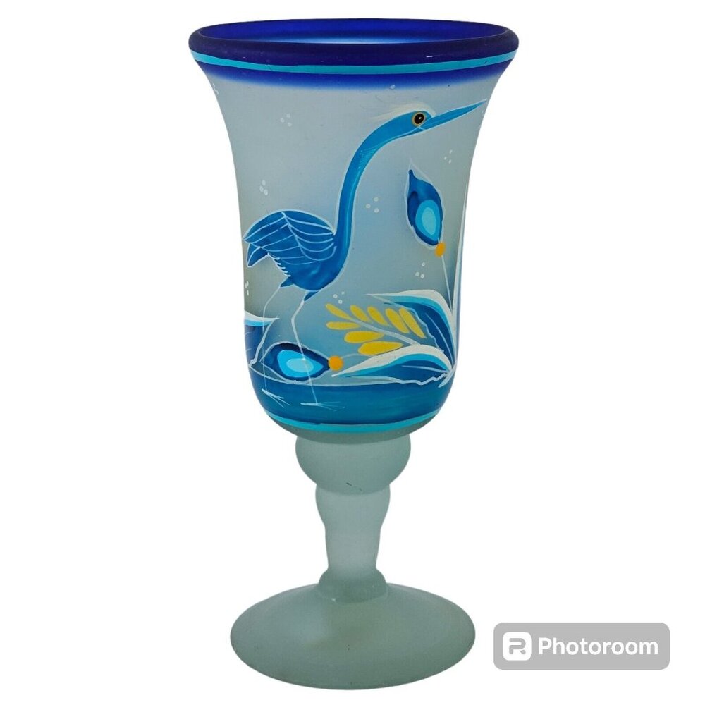 Vintage Glass Mexican Blown Folk Art Hand Painted Blue Birds Floral Goblet